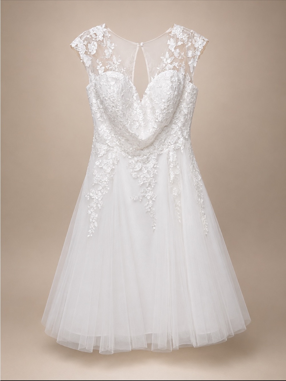 Ivory Lace Tea-Length Bridal Dress with Sheer Cap Sleeves